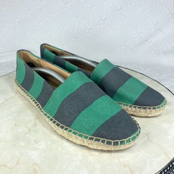 J. Crew Slip On Espadrille Flat Shoes 8 Navy Blue Green Striped Canvas Loafers - Picture 2 of 13